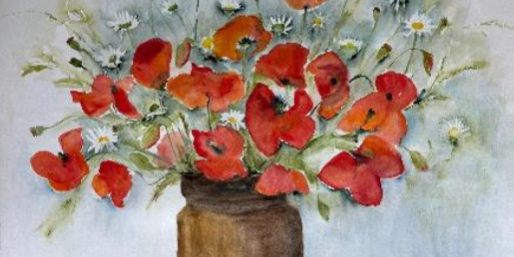 Aquarel klaprozen op vaas door Mia Verschueren Clijsters