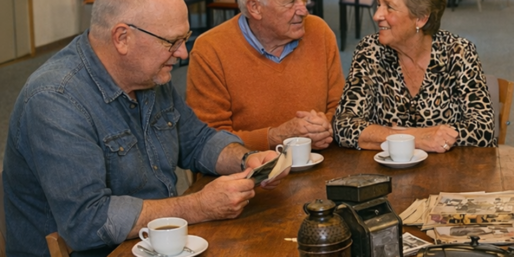 Groep mensen rond tafel met foto's