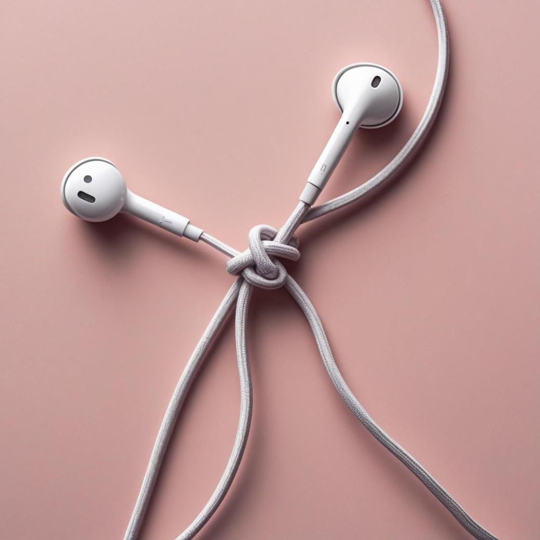 hoofdtelefoon waarvan de kabel geknoopt werd