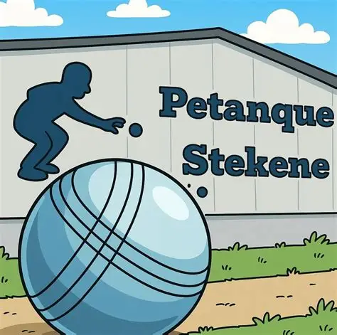 tekening met petanquebal, petanquespeler en opschrift Petanque Stekene