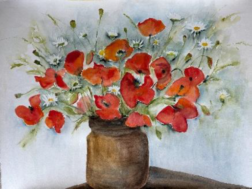 Aquarel klaprozen op vaas door Mia Verschueren Clijsters