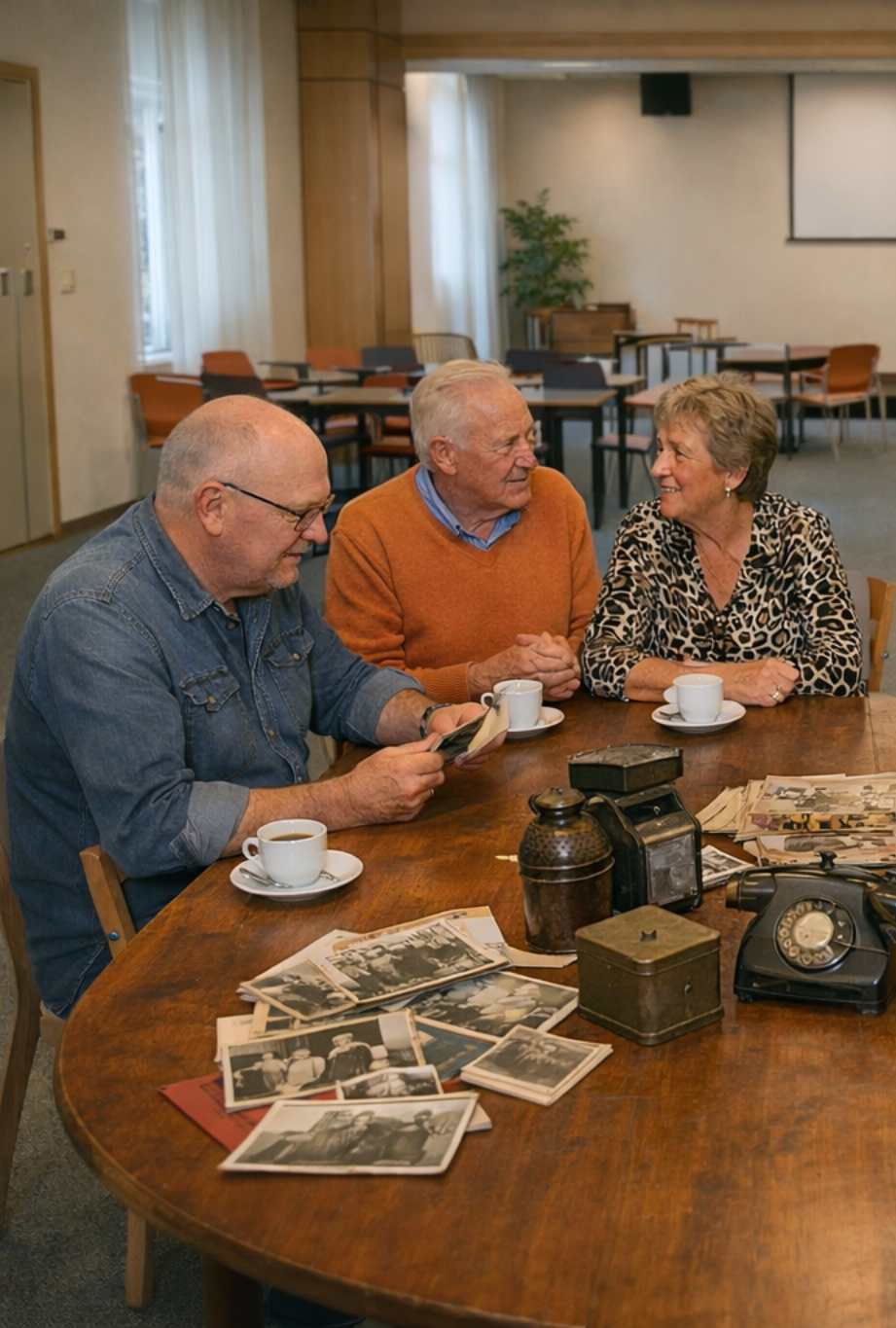 Groep mensen rond tafel met foto's